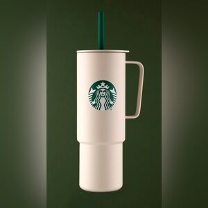 Starbucks x MiiR 2025 Holiday 32oz white stainless steel handle tumbler.